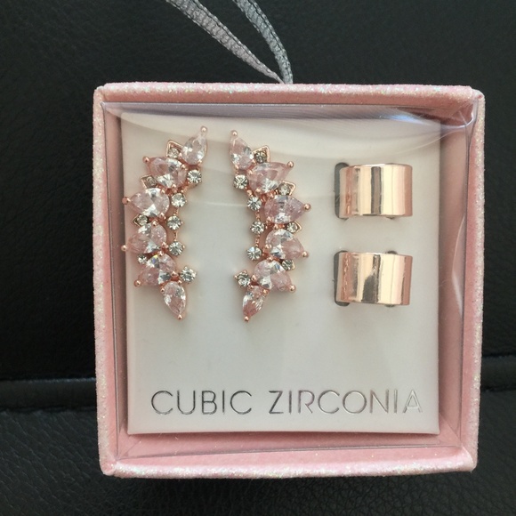 Cubic Zirconia Jewelry - Rose Gold CZ & Cuff Earrings Set